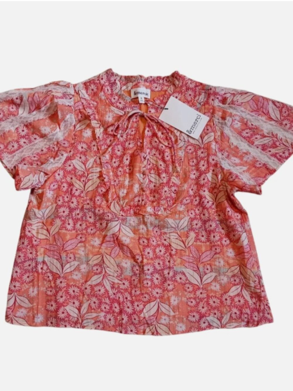 &merci Women's Short Sleeve Top Small Round Neck Floral Print Multi-Color NWT - Picture 3 of 8